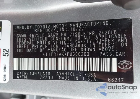 2023 Toyota Camry Hybrid Xle z USA, uszkodzony, nr VIN 4T1F31AKXPU606203